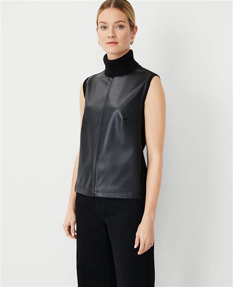 Faux Leather Mixed Media Sleeveless Turtleneck Sweater