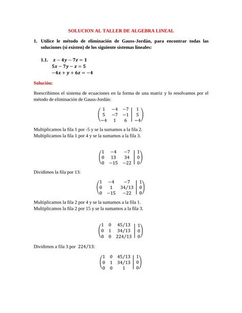 Pdf Solucion Al Taller De Algebra Lineal Utilice Le M Todo