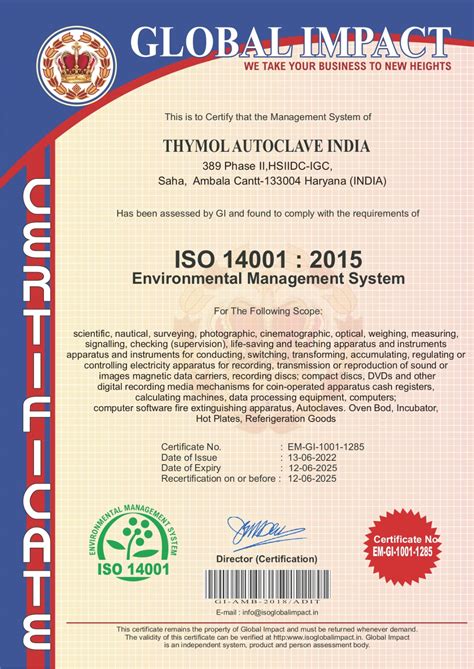 Certifications Thymol Autoclave India