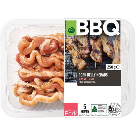 Woolworths Bbq Pork Belly Kebabs With Sweet Soy 250g Gluten Free Products Of Australia