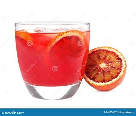 Tasty Sicilian Orange Juice With Ice Cubes In Glass And Fruit On White