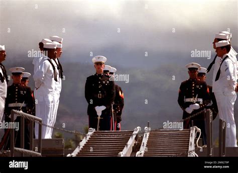 A Marine Corps Honor Guard Stand Aboard The Frigate Uss Brewton Ff