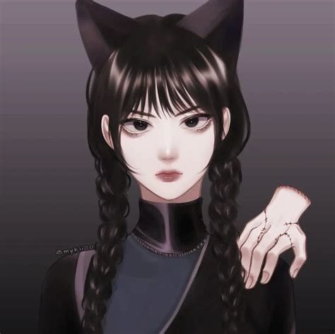 An Anime Character With Long Black Hair And Cat Ears On Her Head Pointing At The Camera