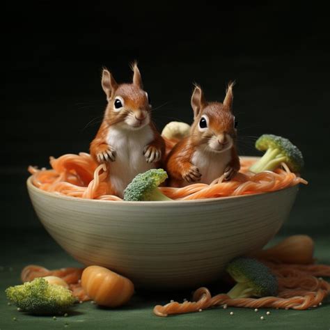 Dos ardillas están sentadas en un plato de espaguetis y brócoli Foto