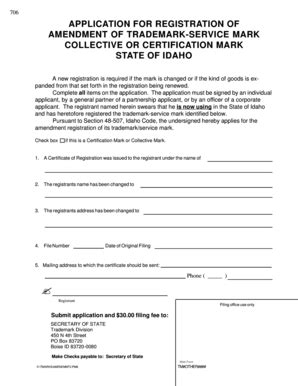 Fillable Online Sos Idaho APPLICATION FOR REGISTRATION OF AMENDMENT OF