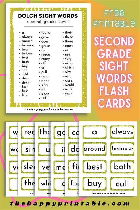 Second Grade Dolch Sight Word Flashcards The Happy Printable