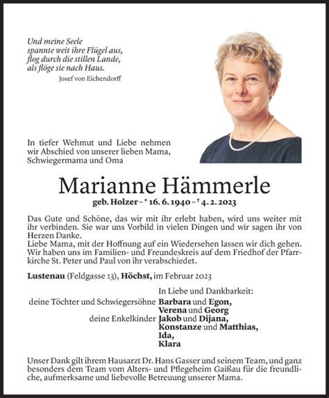 Todesanzeigen von Marianne Hämmerle Todesanzeigen Vorarlberger