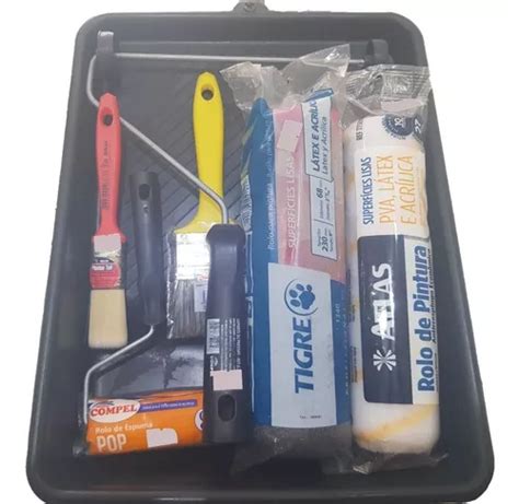 Kit Pintura 7 Peças Multiuso Rolo Pincel Bandeja Brinde Escorrega o