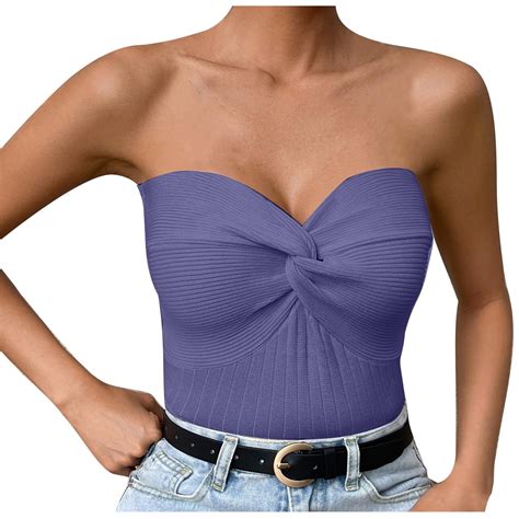 Ryrjj Women Strapless Crop Tube Top Sexy Ribbed Knit Twisted Knot Front