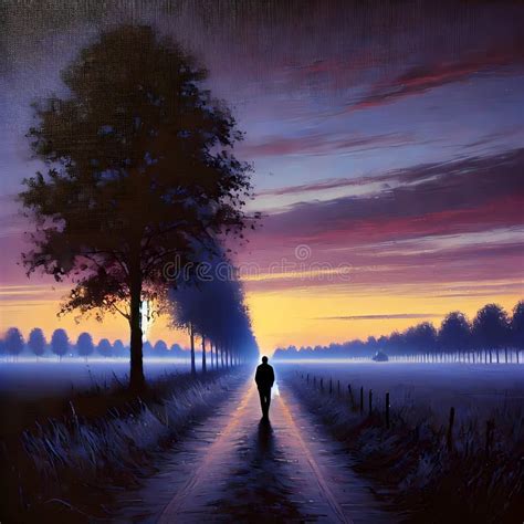 Silhouette of a Lonely Man Walking Down a Path, in a Twilight Landscape ...
