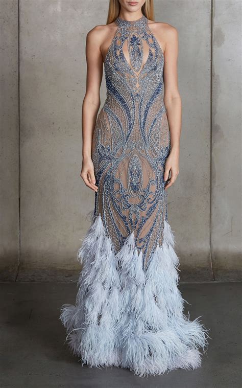 Patbo Beaded High Neck Feather Gown Feather Gown Gowns Gowns Dresses