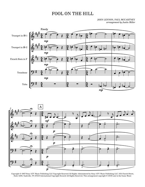 The Fool On The Hill Arr Justin Miller By The Beatles Sheet Music For Brass Ensemble At Sheet