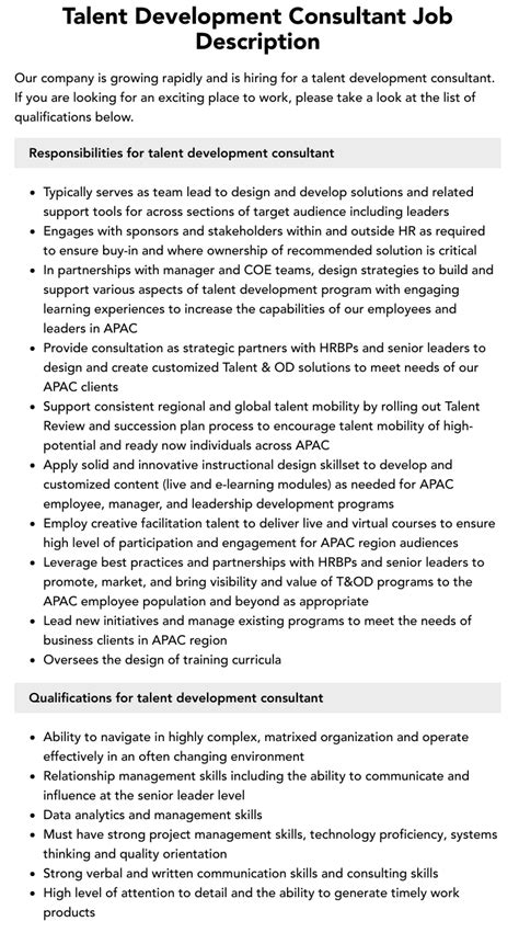 Talent Development Consultant Job Description Velvet Jobs