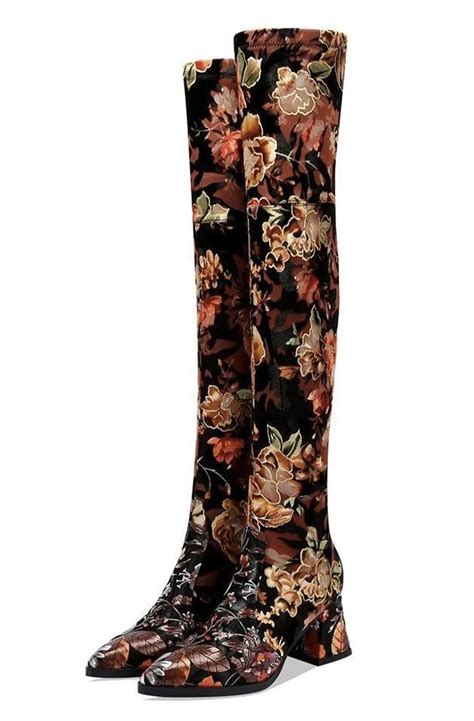 Over The Knee Boots Embroider Flower With Square Heels In Over