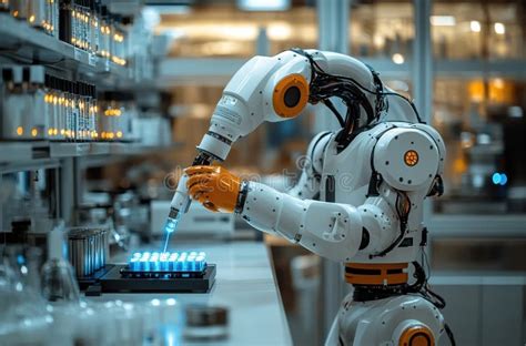 Robotic Arm In A Kitchen Laboratory Pouring Blue Food Coloring Into Egg