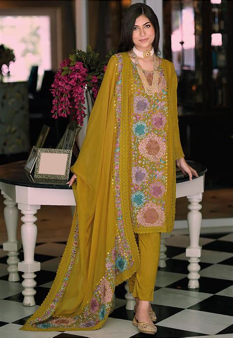 Buy Embroidered Organza Pakistani Suit In Olive Green Online Kch11603