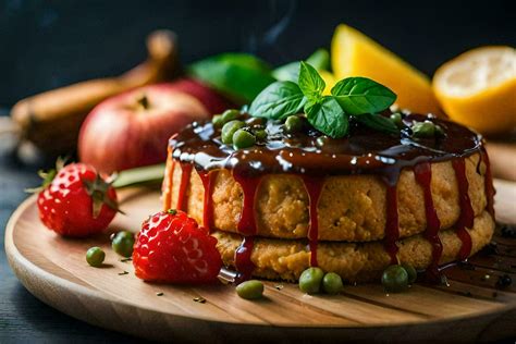 Un Pastel Con Fresas Y Jarabe En Un De Madera Tablero Generado Por Ai