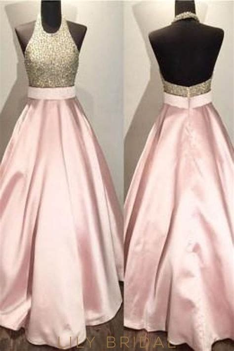 Halter Backless Dusty Rose Floor Length Satin Prom Dress With Beaded