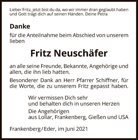 Traueranzeigen Von Fritz Neusch Fer Trauer Hna De