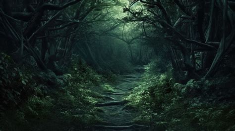 D Render Of A Haunting Dark Forest With Lush Green Bushes Background