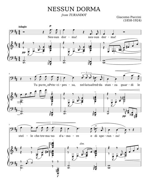 Nessun Dorma Sheet Music For Piano Vocals Piano Voice