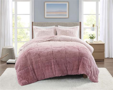 Mainstays Shaggy Faux Fur 3 Piece Pink Comforter Bed Set Comforter And