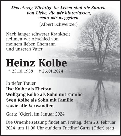 Traueranzeigen von Heinz Kolbe Märkische Onlinezeitung Trauerportal