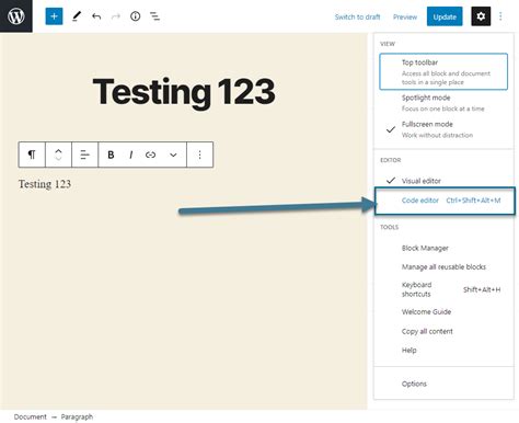 Block Editor: How to Open Your Post's Code Editor - Knowledge Base - Pair Networks