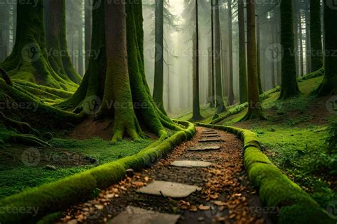 A Path Through A Green Forest With Mossy Trees Ai Generated