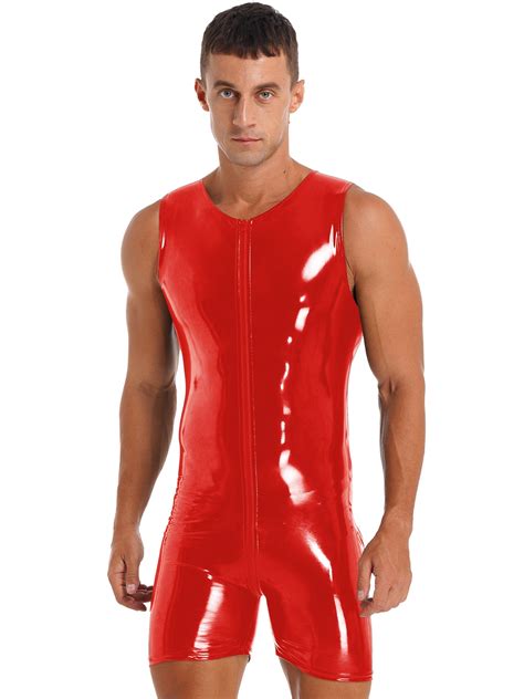 Yizyif Mens Faux Leather Wetlook One Piece Bodysuit Sleeveless Zipper