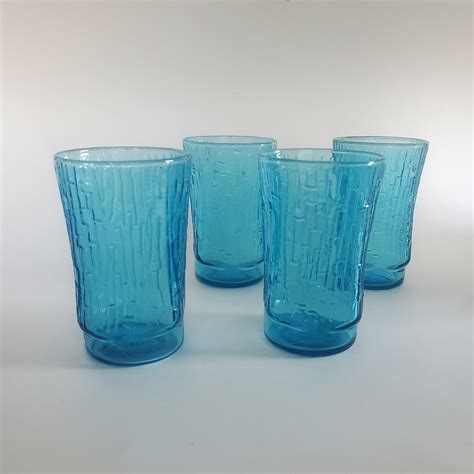 Vintage Anchor Hocking Pagoda Laser Blue 5oz Juice Glassware Set 4 Small Teal Textured Tumblers