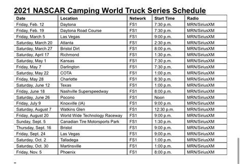 2021 Camping World Truck Series Networks and Start Times : r/NASCAR