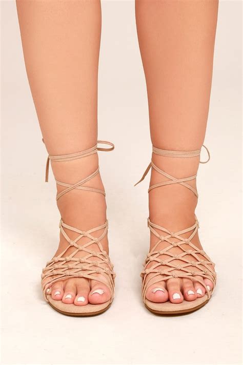 Chic Lace Up Nude Sandals Vegan Suede Sandals