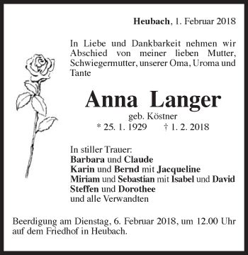 Traueranzeigen Von Anna Langer OstalbTrauer