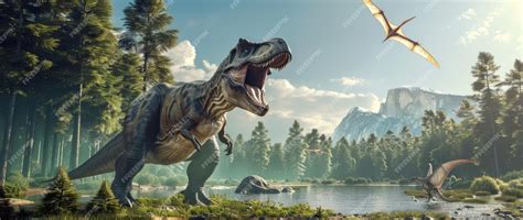 Tyrannosaurus Rex Roaring In A Prehistoric Landscape Premium Ai