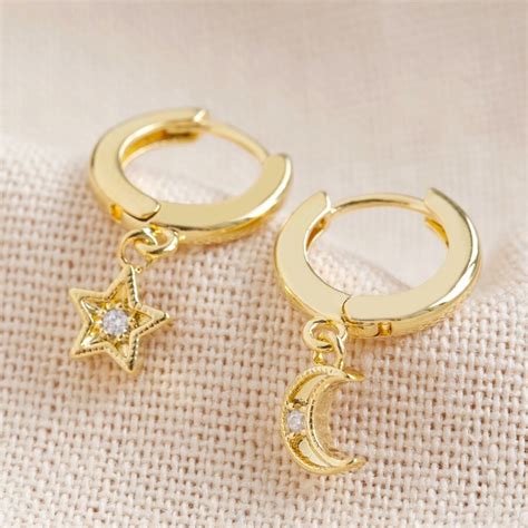 Moon And Star Charm Huggie Hoop Earrings