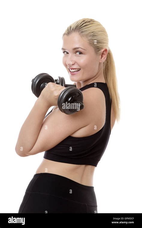 Fitness Woman Lifting Dumbbells Looking Happy Stock Photo Alamy