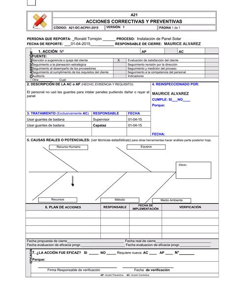 Formato Acciones Correctivas Y Preventivas Pdf