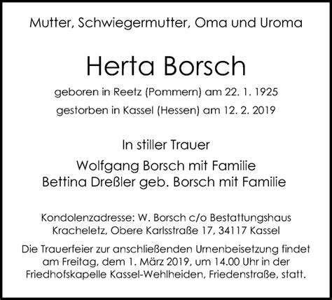 Traueranzeigen Von Herta Borsch Trauer Hna De