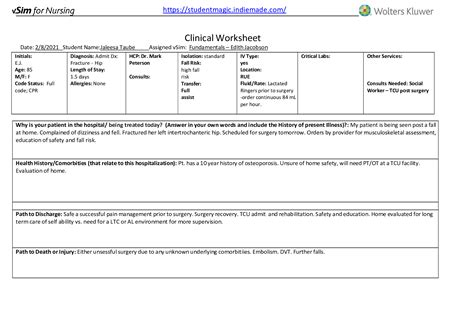 Vsim For Nursing Fundamentals Edith Jacobson Clinical Worksheet