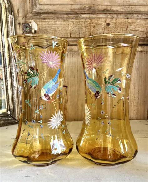 RARE PAIRE DE Vases Legras Art Nouveau en verre émaillé Oiseaux EUR