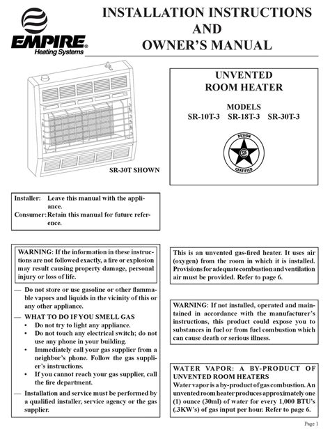 EMPIRE HEATING SYSTEMS SR 10T 3 INSTALLATION INSTRUCTIONS AND OWNER S