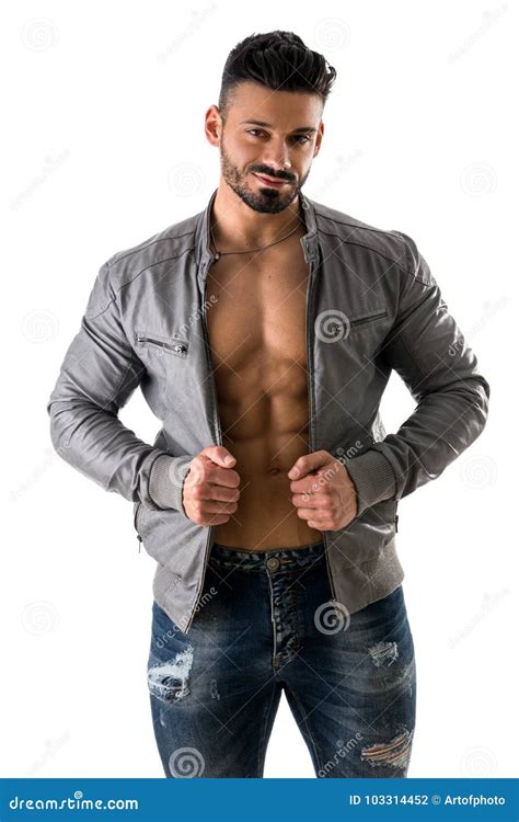 Muscular Bodybuilder Opening Leather Jacket Stock Photo Image Of