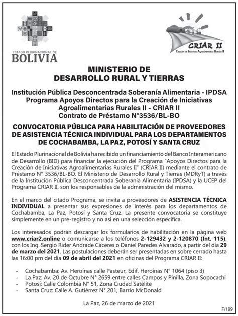 Ministerio De Desarrollo Rural Y Tierras Convocatoria Pública Jornada