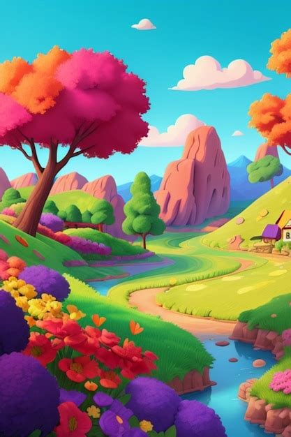 Hermoso Paisaje De Estilo De Dibujos Animados Foto Premium