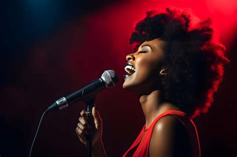 Premium Photo Black Woman Singing A Song On Stage Into A Microphone