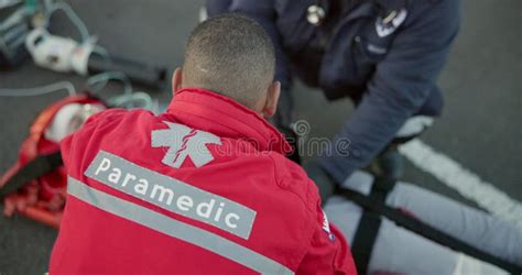 Emergency Accident And Patient With Oxygen Mask On Stretcher For