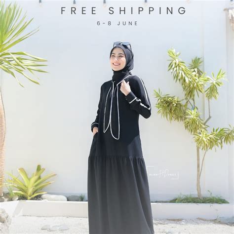 Jual Hijra Stories Aliya Monochrome Korean Dress Polos Tali Dasi Gamis