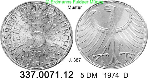 Germany BRD 5 DM 1974D Kursmünze Silber J 387 337 0071 12 vz unc MA