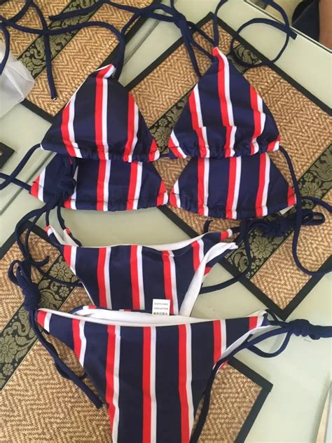 Blue Striped Tie Halter Triangle Bikini IRHAZ